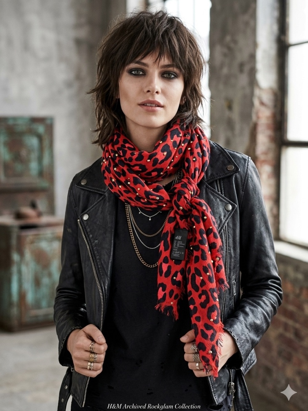 H&M Studded Red Leopard Print Scarf • Gold Stud archived Rockglam Wrap EUC